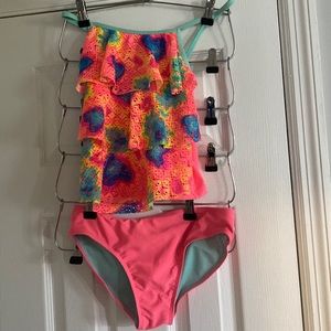 Girls two piece tankini bathing suit coral blue yellow and teal!